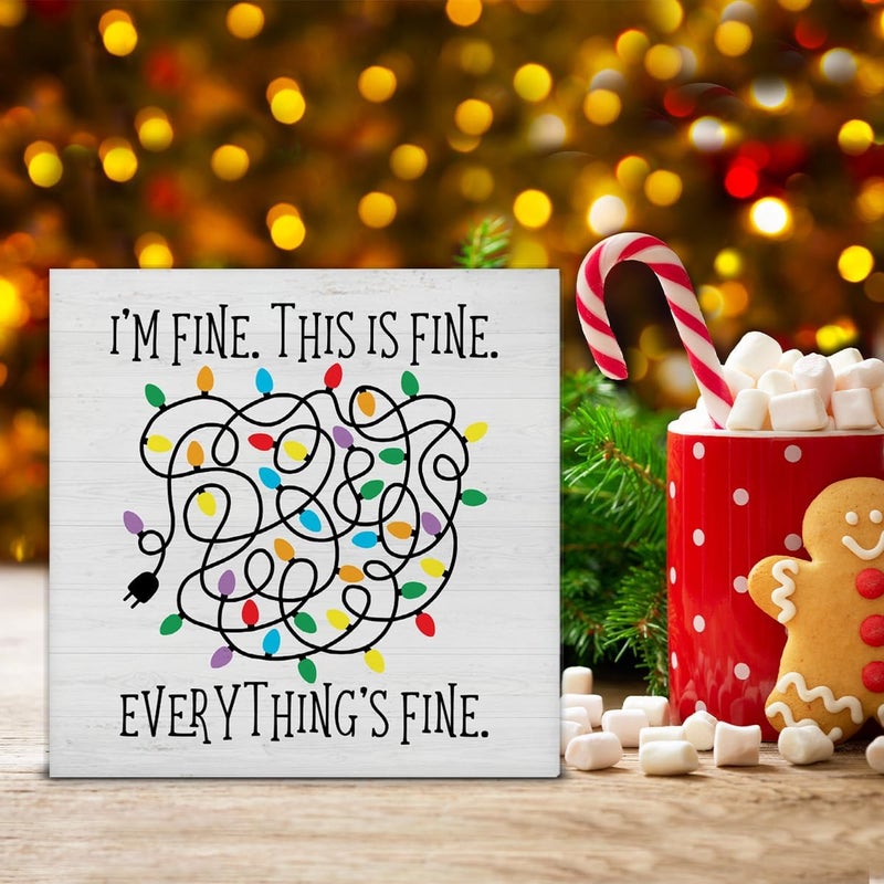 Zauly Funny Christmas Decorations, Christmas Lights Decor Sign, I'm Fine Everything Is Fine Wood Sign Rustic Home Table Desk Decor (5 x 5 Inches) - Image 4